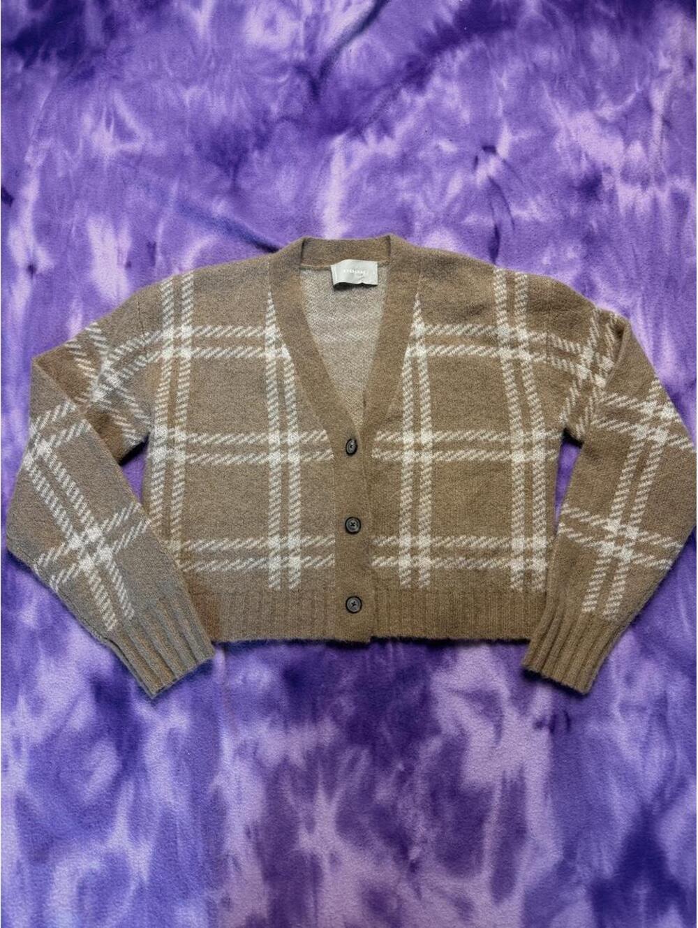 Everlane brown and beige plaid alpaca wool cropped cardigan